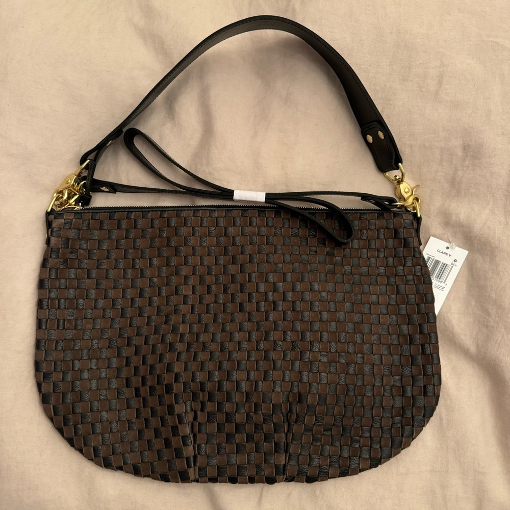 Clare V Moyen Messenger Black/Chocolate Woven Checker Bag NWT - Picture 2 of 10